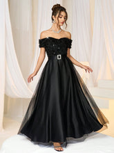 Women Elegant Formal Dress, Solid Color Off-Shoulder Net Mesh